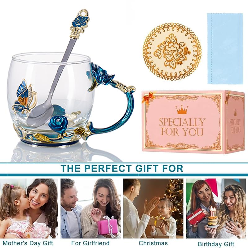 DasyFly Tea Cup Gifts for Mom Birthday Gift for Women,Glass Coffee Enamels Mug Butterfly Sky Blue Flower Cup Unique Valentines Christmas Mothers Day gift For Mom Women Wife Sister Coworker Female Friend - Image 5