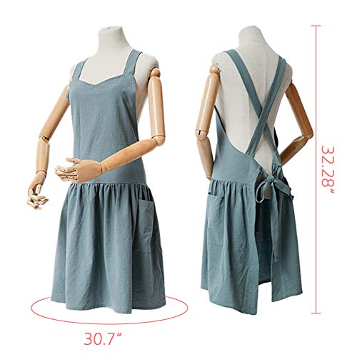 NEWGEM Cotton Linen Cross Back Apron for Women with Pockets for Gardening Cleaning Turquoise with Waist Ties - Image 5