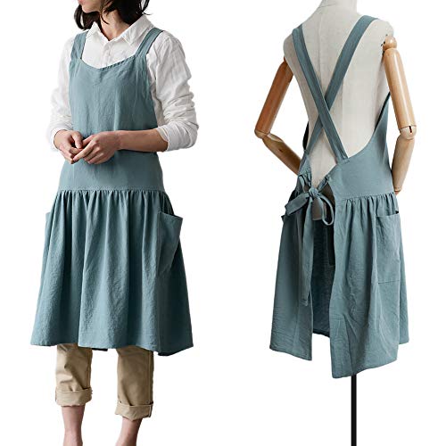 NEWGEM Cotton Linen Cross Back Apron for Women with Pockets for Gardening Cleaning Turquoise with Waist Ties - Image 1