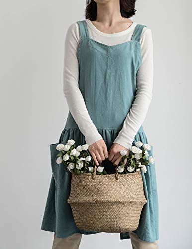 NEWGEM Cotton Linen Cross Back Apron for Women with Pockets for Gardening Cleaning Turquoise with Waist Ties - Image 2