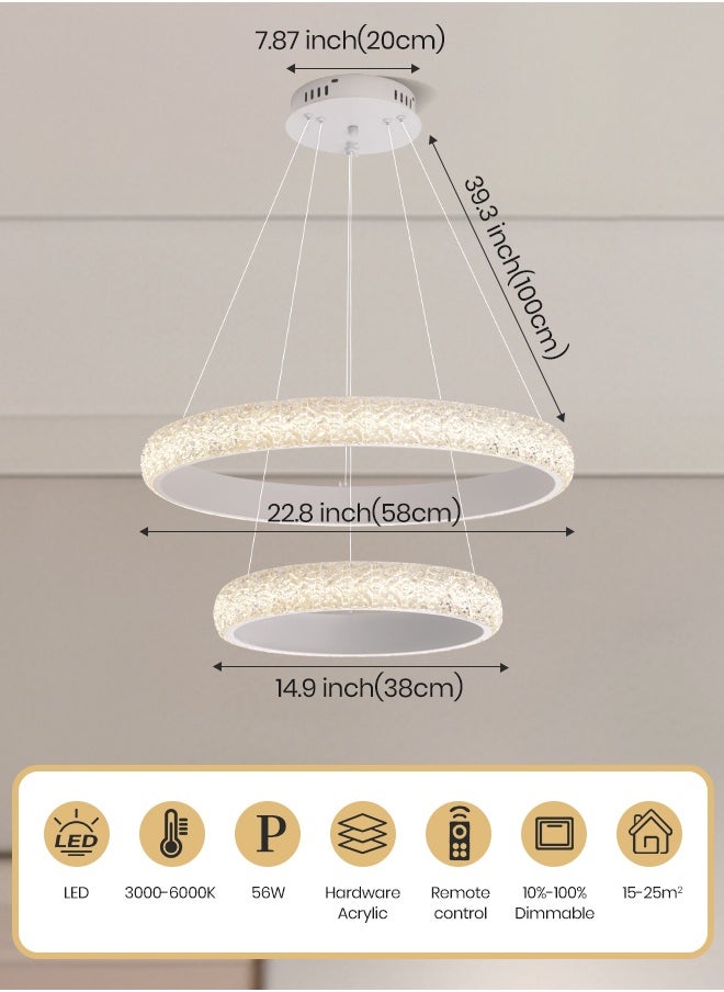 YATAI LIGHTING Modern White Double Ring LED Chandelier, 56W, Adjustable Height & Dimming LED Chandelier, Remote Control, 58cm+38cm Chandelier Light for Dining Room, Living Room & Bedroom  - Image 3