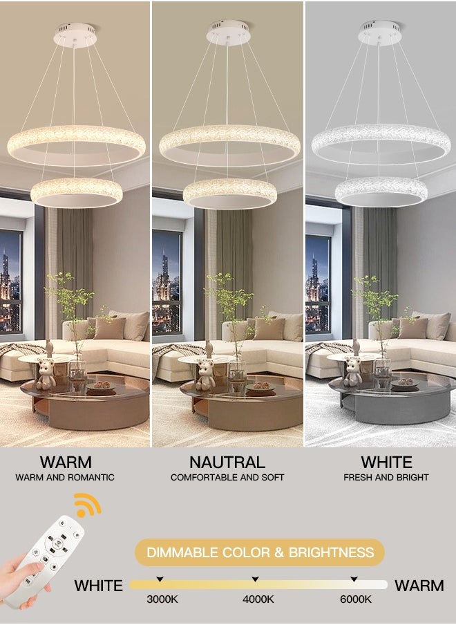 YATAI LIGHTING Modern White Double Ring LED Chandelier, 56W, Adjustable Height & Dimming LED Chandelier, Remote Control, 58cm+38cm Chandelier Light for Dining Room, Living Room & Bedroom  - Image 2