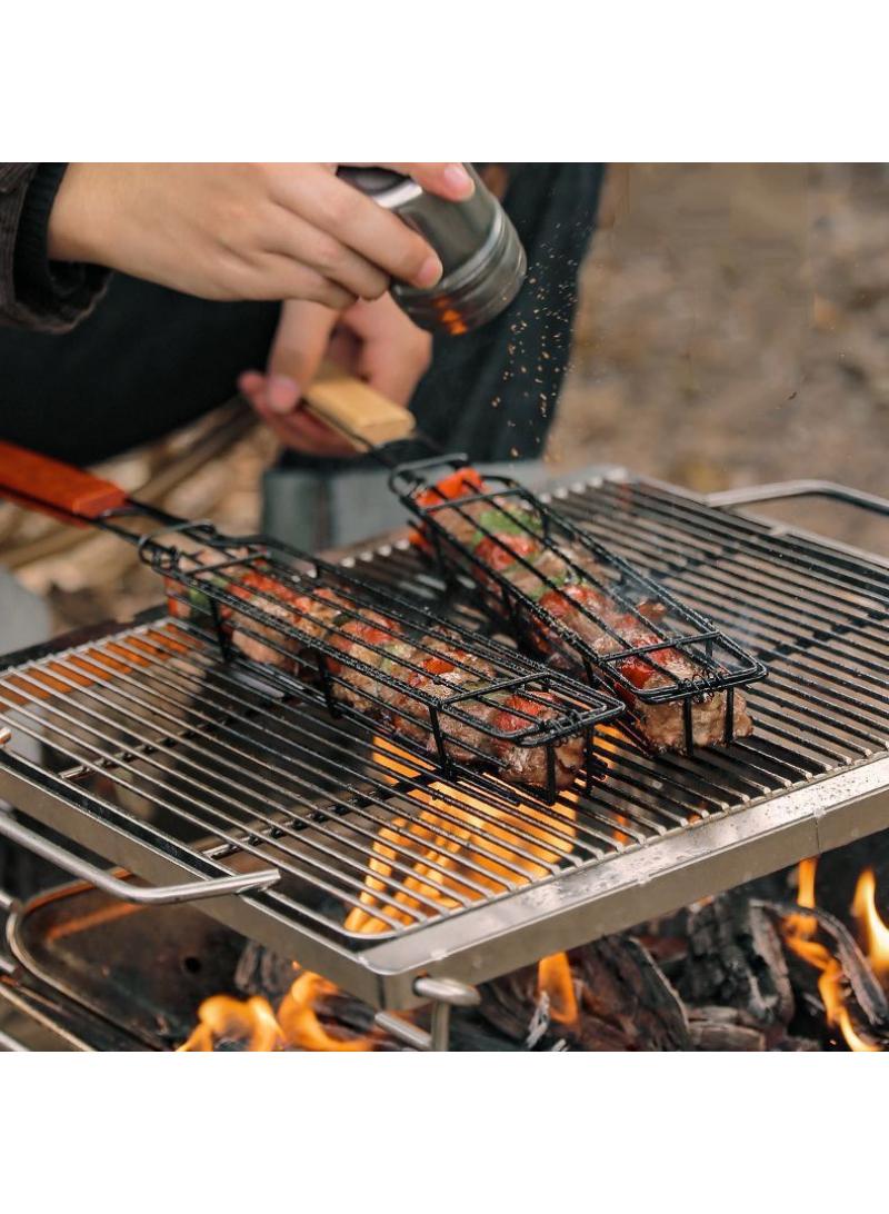 Outdoor wooden handle barbecue cage camping barbecue net picnic barbecue tools  - Image 3