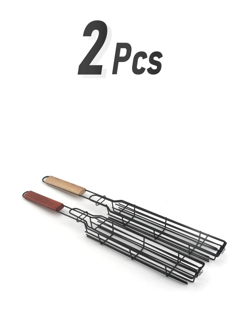 Outdoor wooden handle barbecue cage camping barbecue net picnic barbecue tools  - Image 1