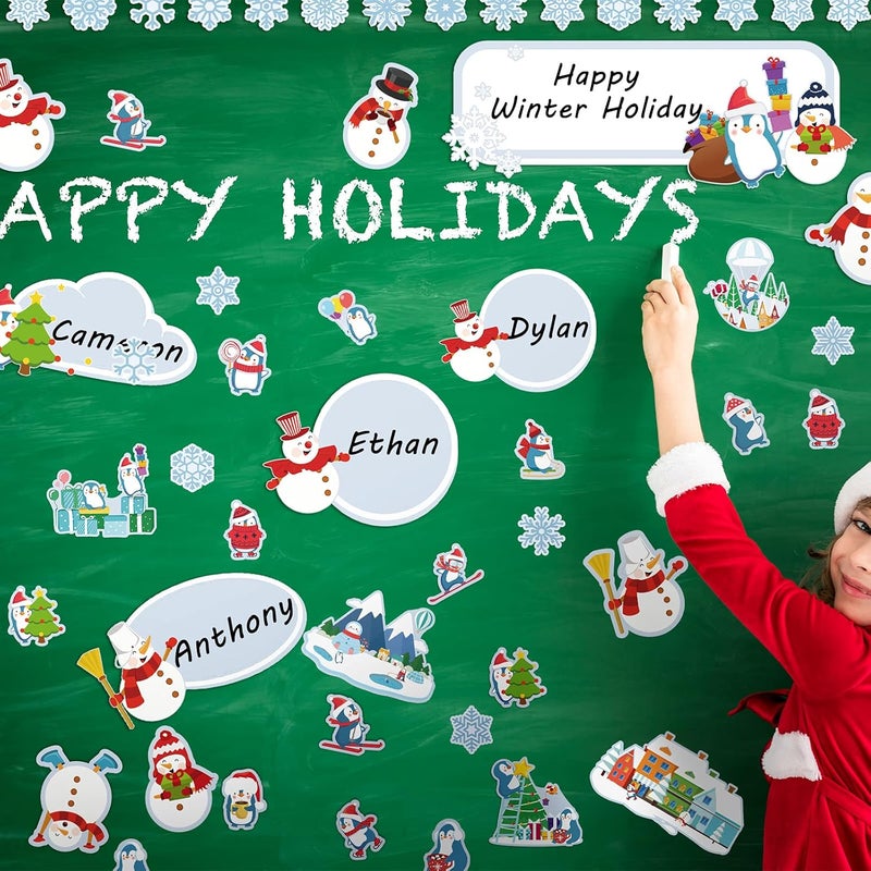 كلاراكو 72 قطعة ديكور لوحة إعلانات شتوية، لوحة إعلانات عيد الميلاد، قصاصات البطريق، قصاصات ندفة الثلج، قصاصات رجل الثلج، ديكور لوحة إعلانات الفصل الدراسي لعطلة عيد الميلاد، ديكور لوحة الإعلانات للفصل الدراسي - Image 5