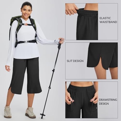 baleaf Women's Hiking Pants Capri Wide Leg Lightweight Pants Plus Size UPF50+ Quick Dry Casual Sweatpants Walking Black L - Image 5