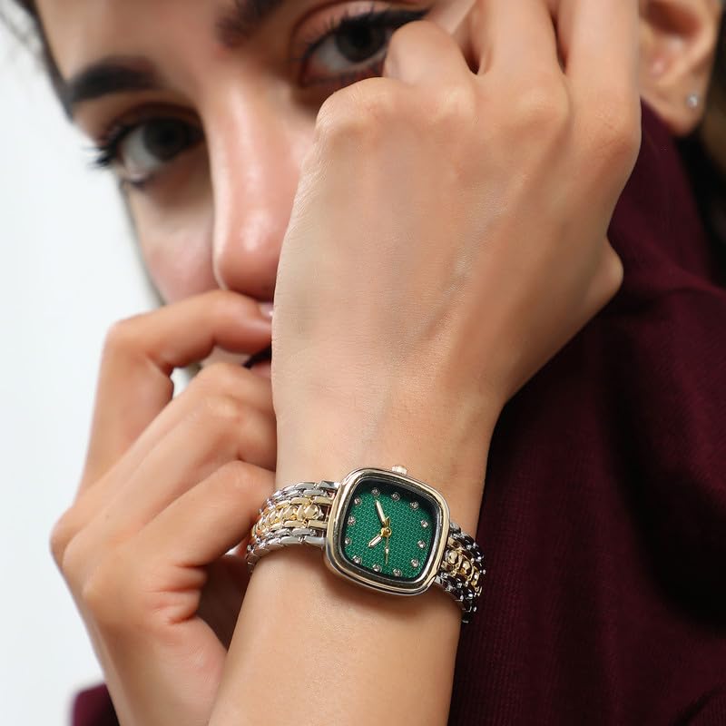 Haute Sauce Women's The Amuné Square Watch | Multicolour Stainless Steel Strap | Emerald Green Dial | One-Size | Foldover Closure | Quartz | Analogue | Wrist Belt Watch for Female and Girls - Image 3