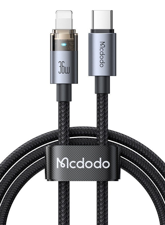 Mcdodo Transparent iPhone USB-C to Lightning Cable 36W 1.2m with LED Charging Light – Fast Charging PD Data Sync Cable for iPhone 14 13 12 11, iPad, AirPods – Black - Image 1