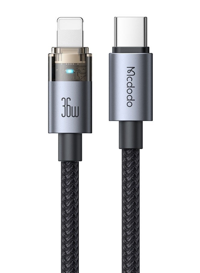 Mcdodo Transparent iPhone USB-C to Lightning Cable 36W 1.2m with LED Charging Light – Fast Charging PD Data Sync Cable for iPhone 14 13 12 11, iPad, AirPods – Black - Image 2