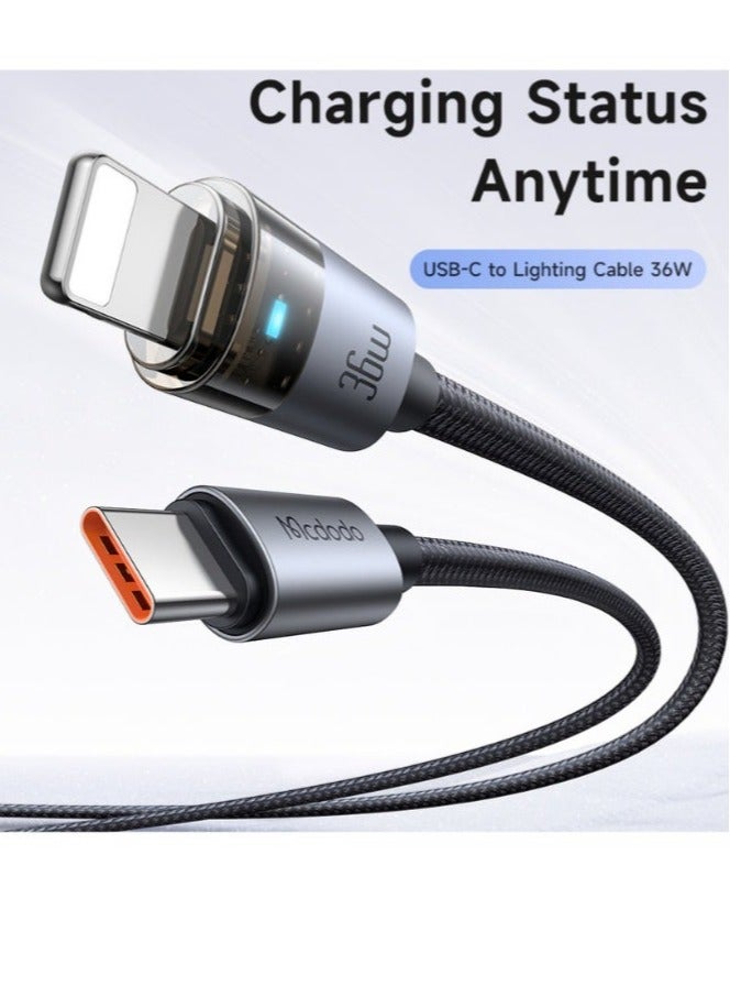 Mcdodo Transparent iPhone USB-C to Lightning Cable 36W 1.2m with LED Charging Light – Fast Charging PD Data Sync Cable for iPhone 14 13 12 11, iPad, AirPods – Black - Image 4