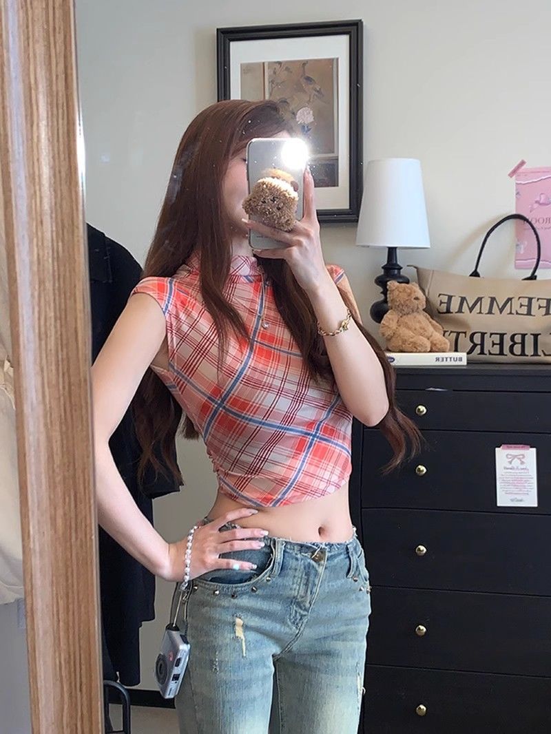 Sweet Girl Half Turtleneck Short-Sleeved Red Plaid T-Shirt Women's Summer New Tight-Fitting Slim Outer Short Top Ins - Image 3