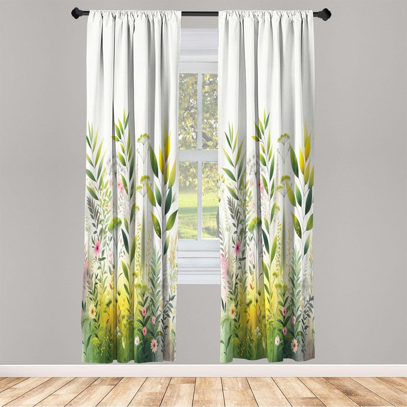 Ambesonne Nature Window Curtains  Dream Garden Scene Leafy Huddle with Blush Tone Flower Details Print Boho  Lightweight Decor 2-Panel Set with Rod Pocket  Pair of - 28"" x 63""  Fern Green Pink White - Image 2