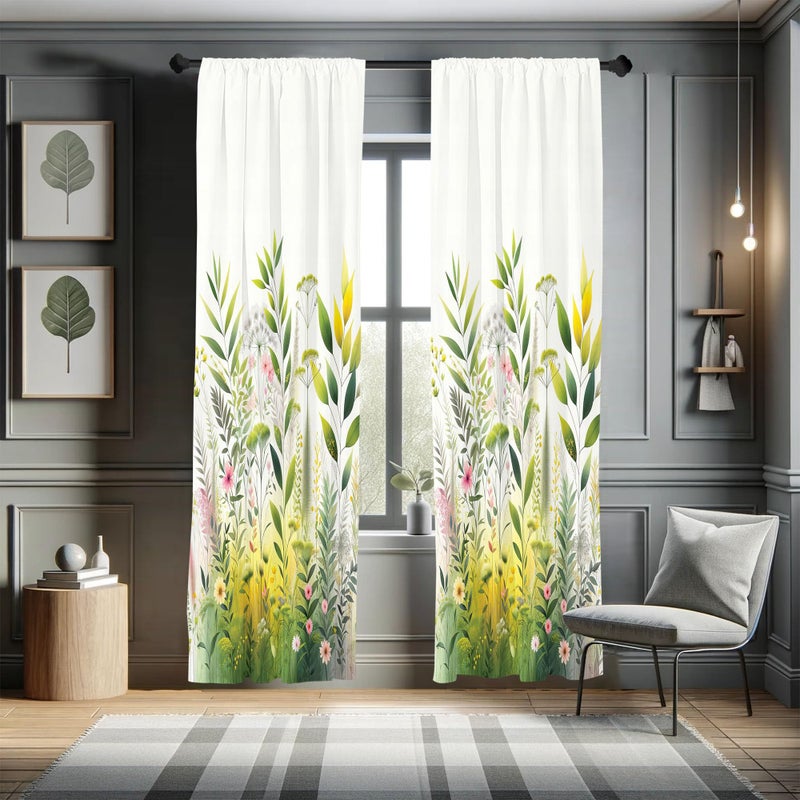 Ambesonne Nature Window Curtains  Dream Garden Scene Leafy Huddle with Blush Tone Flower Details Print Boho  Lightweight Decor 2-Panel Set with Rod Pocket  Pair of - 28"" x 63""  Fern Green Pink White - Image 1