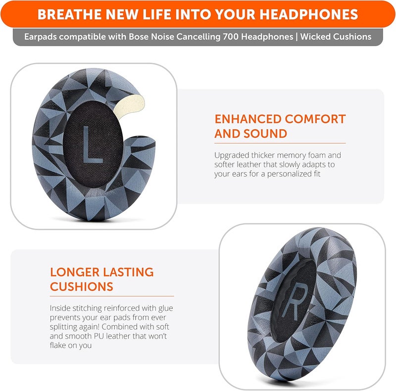 WC Wicked Cushions Upgraded Replacement Ear Pads for Bose 700 Noise Cancelling Headphones (NC700) - Softer PU Leather, Luxurious Memory Foam, Added Thickness, Extra Durable Ear Cushions | (Geo Grey) - Image 4