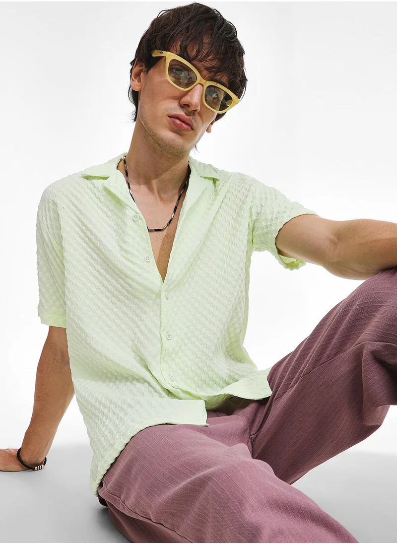 Campus Sutra Men's Lime Green  Cubic-Textured Resort Shirt