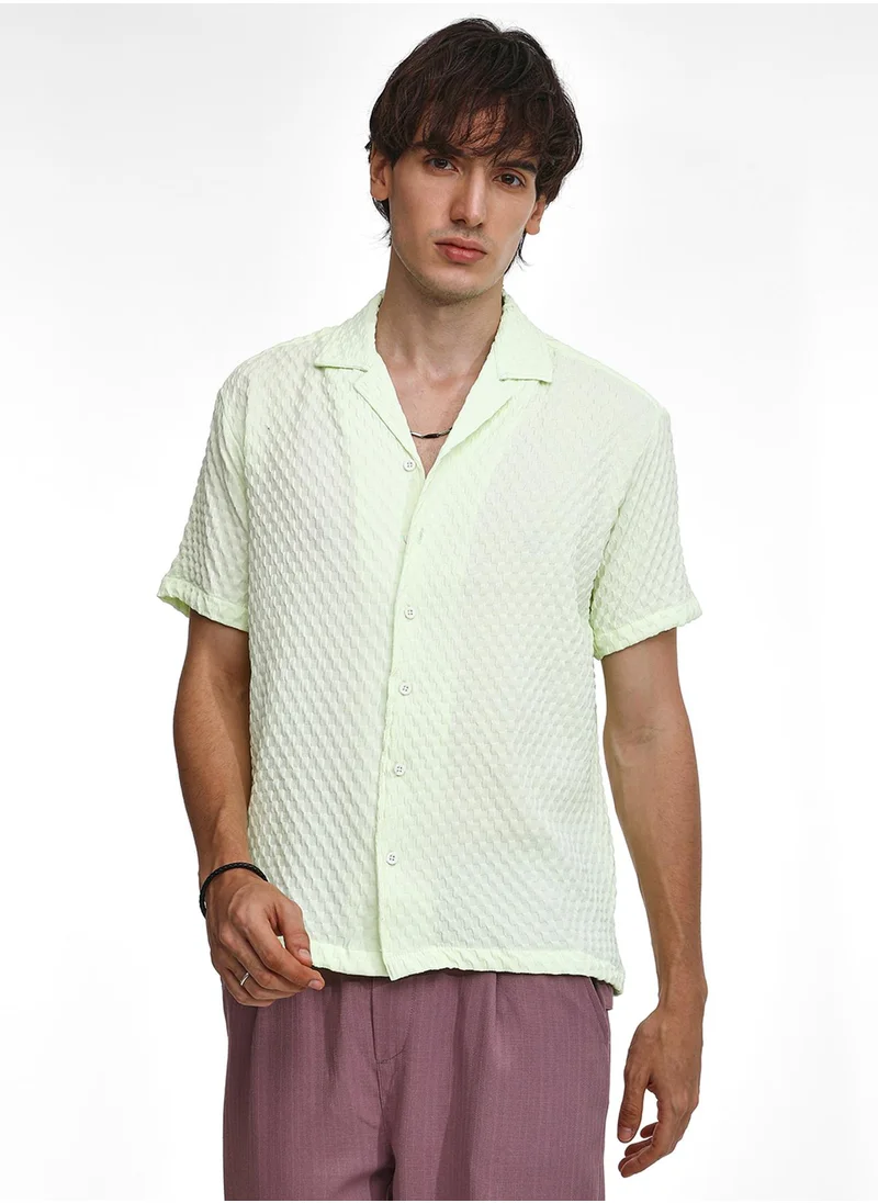 Campus Sutra Men's Lime Green  Cubic-Textured Resort Shirt