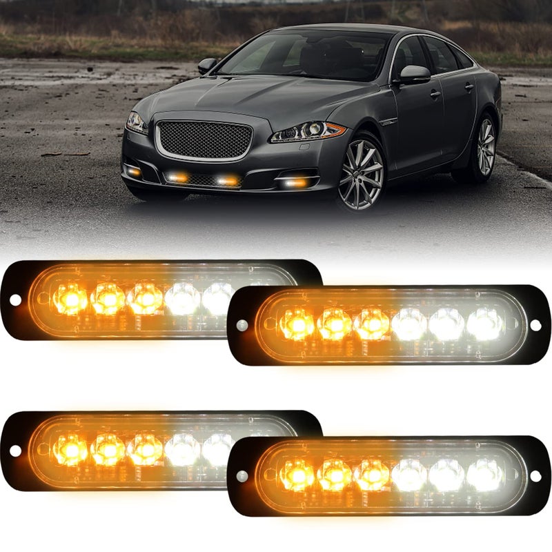 XTAUTO 4pcs Universal 12V24V Super Bright AmberWhite 18W 6LED Warning Emergency Construction Surface Mount Beacon Flash Caution Strobe Light Bar