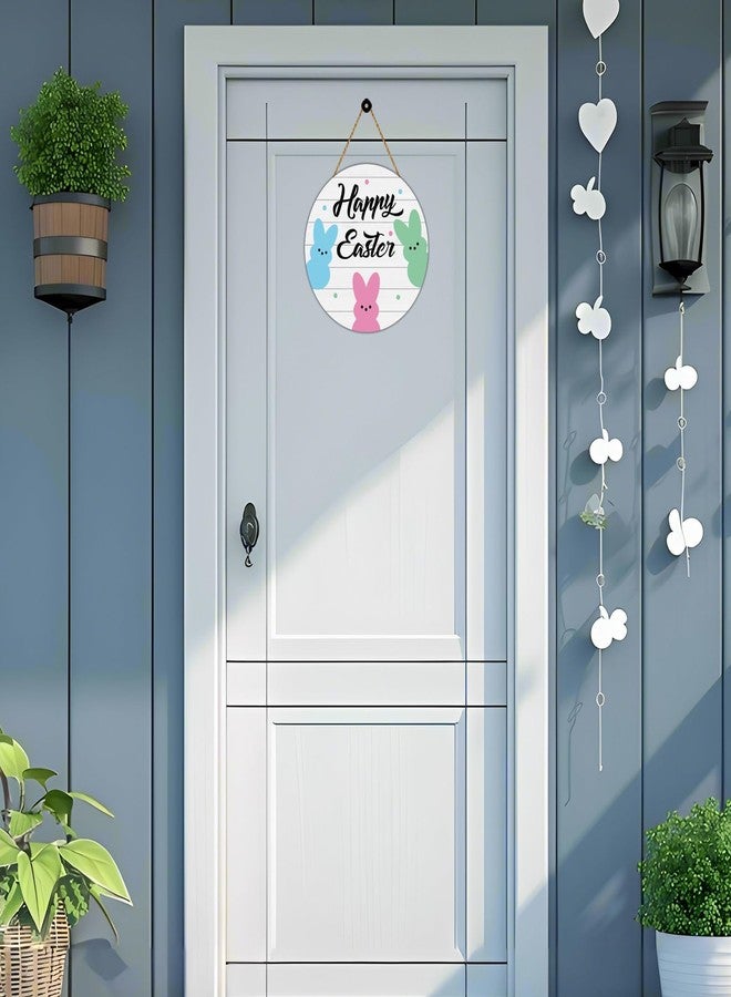 YUNKKIN Easter Decorations Happy Easter Wreaths for Front Door Decor Cute Bunny Door Decorations Bunny Wall Decor Wooden Front Door Hanger Hanging Sign for Porch Wall Indoor Home Decor - Image 3