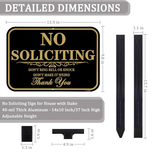 DXSIGN Large No Soliciting Sign with Stake 14 x 10 Inch 40mil Thick Metal Aluminum37 Inch Long Adjustable Height Outdoor No Soliciting Yard Signs for HouseHomeFront Door and Business - Image 3