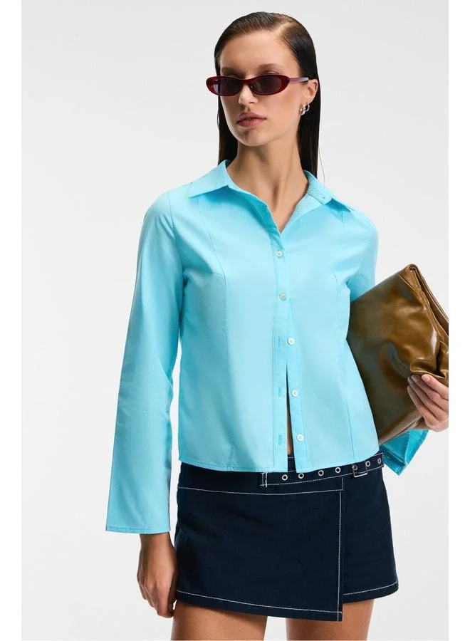 Grimelange GRINNE Women's Slim Shirt, Collared, Long Sleeve, Thin, Long, Blue.