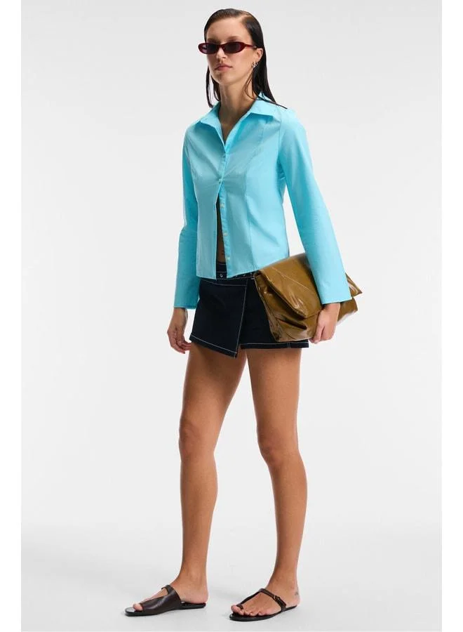 Grimelange GRINNE Women's Slim Shirt, Collared, Long Sleeve, Thin, Long, Blue.