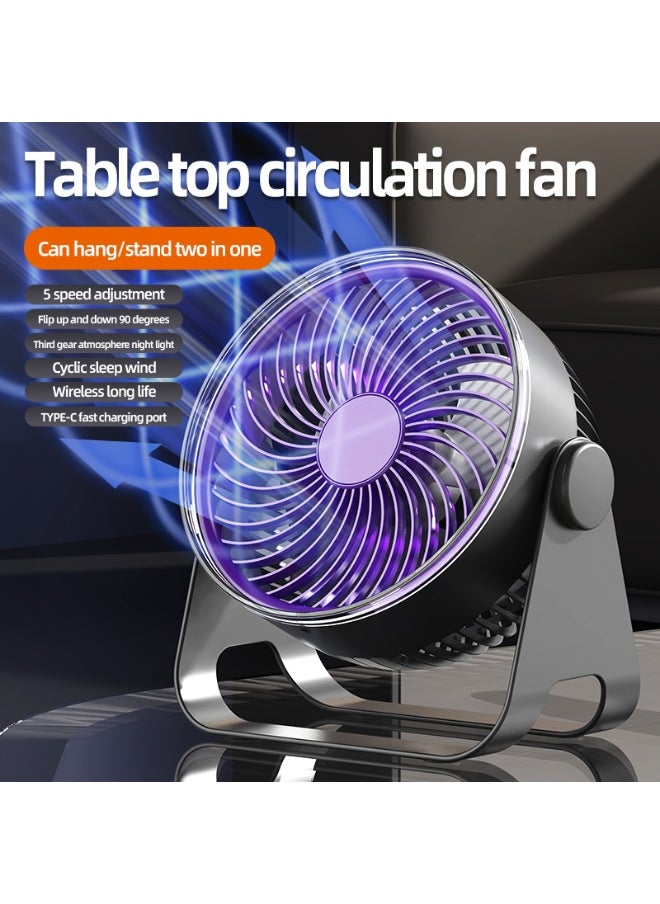 Generic Desk Fan, Dual-Mode Hanging or Standing, Multi Scene Turbo, 5-Speed Breeze, 90° Adjustable Airflow & Ambient Night Light，Long-Lasting with 8-12 hours, fast charge in 2 hours，purple and white  - Image 2