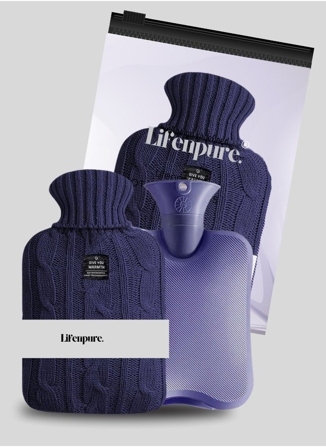 Lifenpure Lifenpure™ Hot Water Bottle with Knitted Cover 2 Liter, Classic Rubber Hot Water Bag for Cramps, Neck, Shoulders Pain Relief, Hot Cold Pack for Hot and Cold Therapy and Feet Warmer Blue  - Image 1