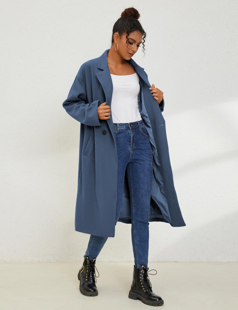 UANEO Women's Wool Blend Coat Oversized Double Breasted Long Trench Overcoat Winter (Blue-M) - Image 3