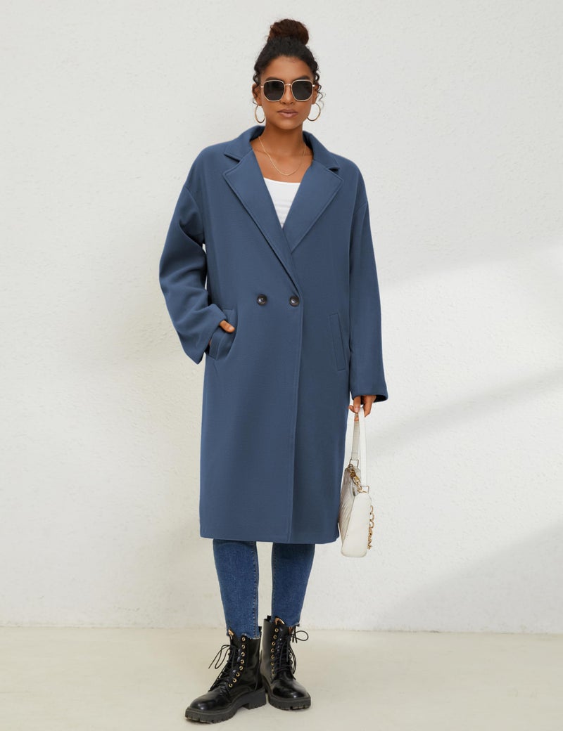 UANEO Women's Wool Blend Coat Oversized Double Breasted Long Trench Overcoat Winter (Blue-M) - Image 5