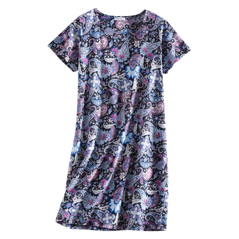 PNAEONG Women's Cotton Nightgown Sleepwear Short Sleeves Shirt Casual Print Sleepdress Blue Paisley+Purple+C Star-2XL - Image 2
