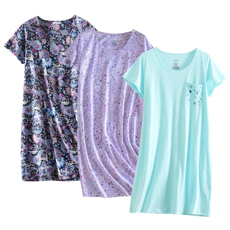 PNAEONG Women's Cotton Nightgown Sleepwear Short Sleeves Shirt Casual Print Sleepdress Blue Paisley+Purple+C Star-2XL - Image 1
