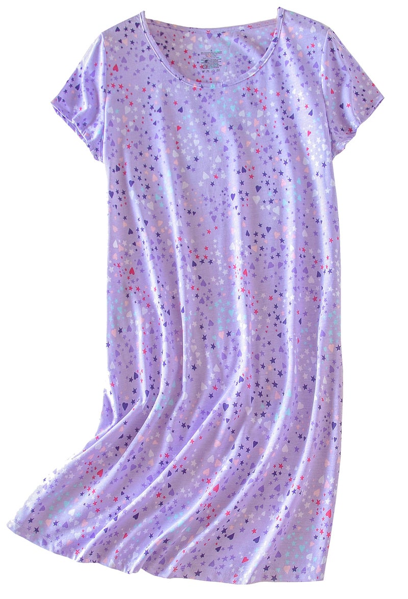 PNAEONG Women's Cotton Nightgown Sleepwear Short Sleeves Shirt Casual Print Sleepdress Blue Paisley+Purple+C Star-2XL - Image 3