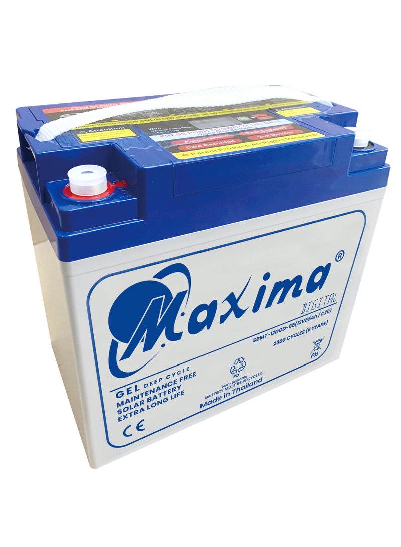 Maxima Solar Digital Gel Battery, Digital Gel Battery 55Ah, Rechargable Batteries, Maintenance Free Battery, Gel Deep Cycle Battery, 12V/55Ah solar battery with status indication (LCD) display