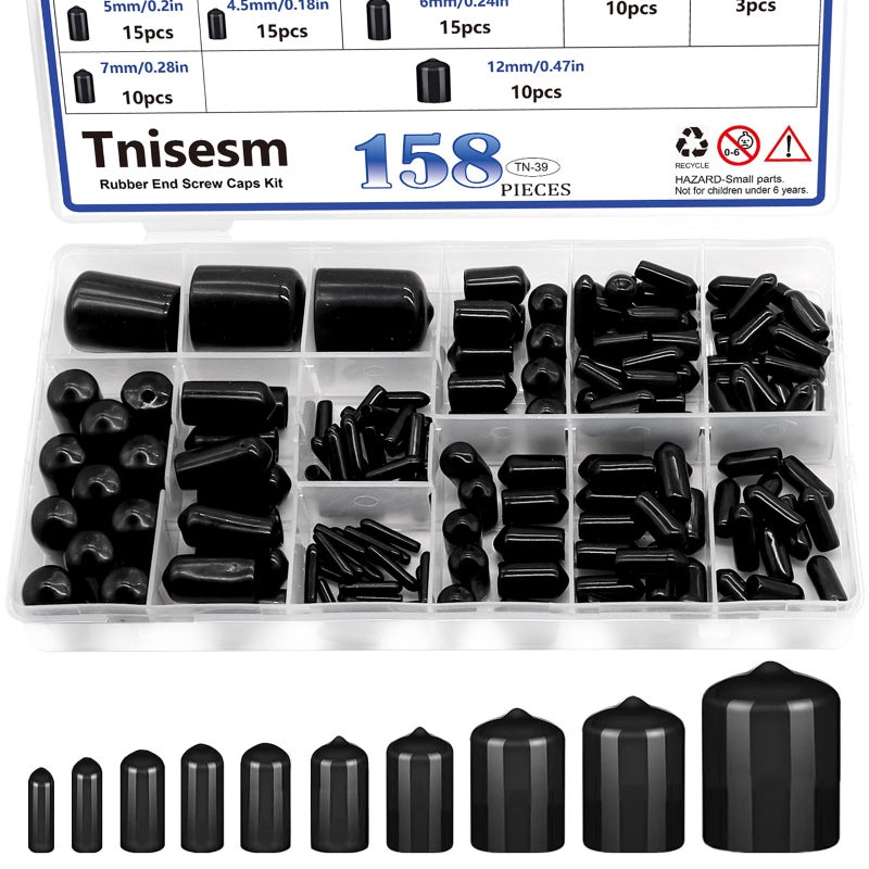 Tnisesm 158Pcs Rubber End Caps - Black Round Vinyl End Caps Bolt Screw Covers & Protectors in 2/25" to 4/5" - Image 1