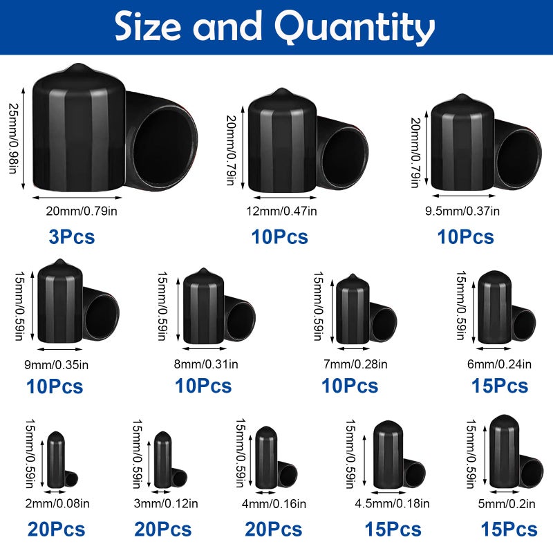 Tnisesm 158Pcs Rubber End Caps - Black Round Vinyl End Caps Bolt Screw Covers & Protectors in 2/25" to 4/5" - Image 2