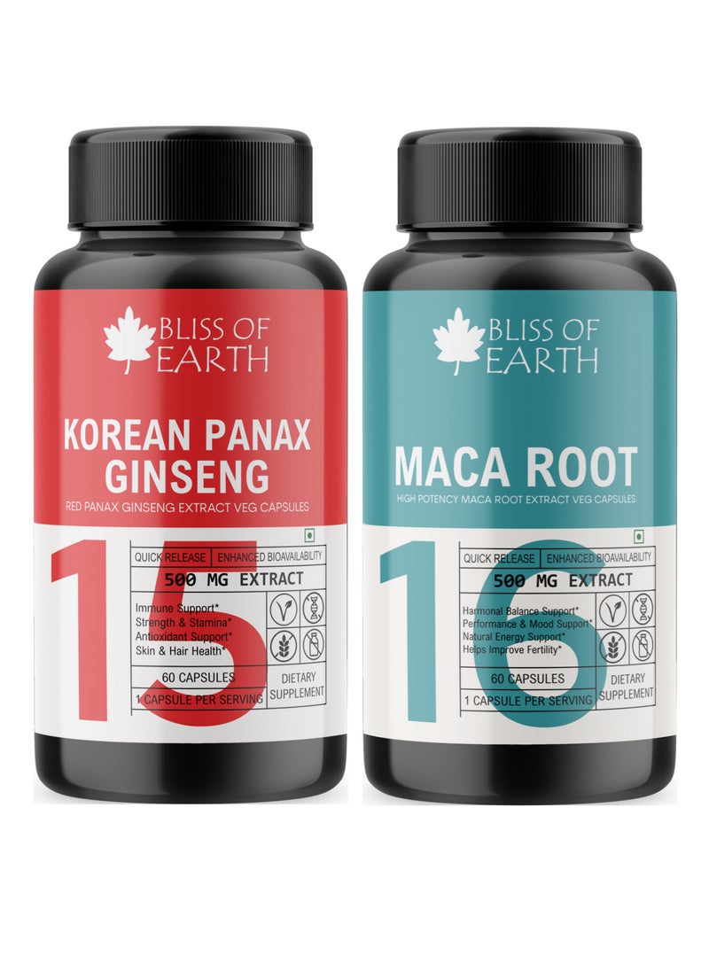 BLISS OF EARTH - Korean Red Panax Ginseng  Maca Root Extract Capsules For Men   Women 500mg High Potency Root Extract For Energy Stamina  Performance - Image 1