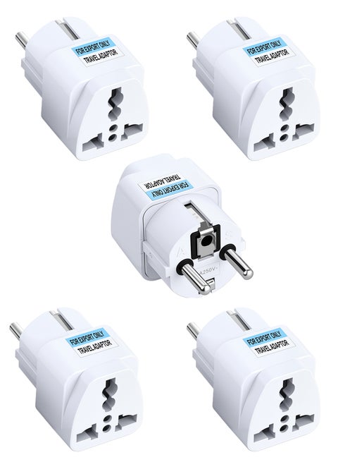 UK to EU Plug Travel Adapter-Wall Power Charger-3-Pin KSA/UAE/UK Plug Convert to 2-pin EU/Germany/France/Italy/Spain Socket Converter-Type E/F European Adapter for KSA/ US/UK/JP/CN/AU-5 Pack-White