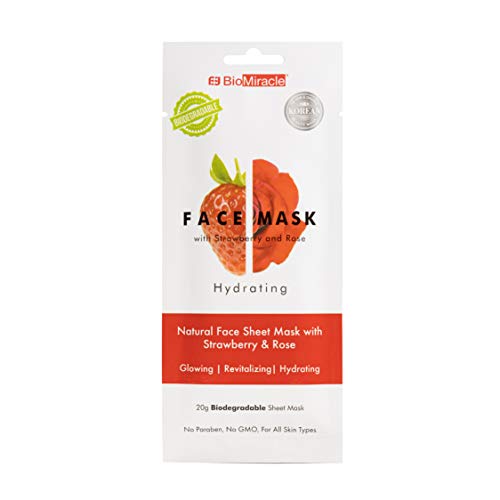 BioMiracle Hydrating, Natural Face Mask Sheet, with Strawberry and Rose, for Glowing, Revitalized, Moisturized Skin, Spa Treatment Mask (Pack of 5) - Image 1
