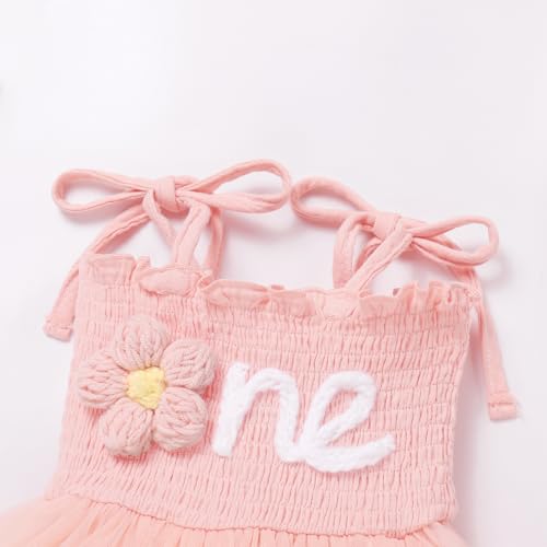 ODOLDI Baby Girls 1st Birthday Outfit Spaghetti Straps Romper Tutu Dress Headband One Year Old Party Cake Smash Outfits Pink Flowers 12-18 Months - Image 3