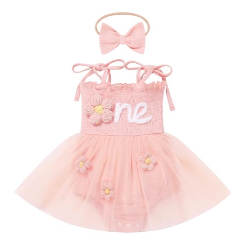 ODOLDI Baby Girls 1st Birthday Outfit Spaghetti Straps Romper Tutu Dress Headband One Year Old Party Cake Smash Outfits Pink Flowers 12-18 Months - Image 1