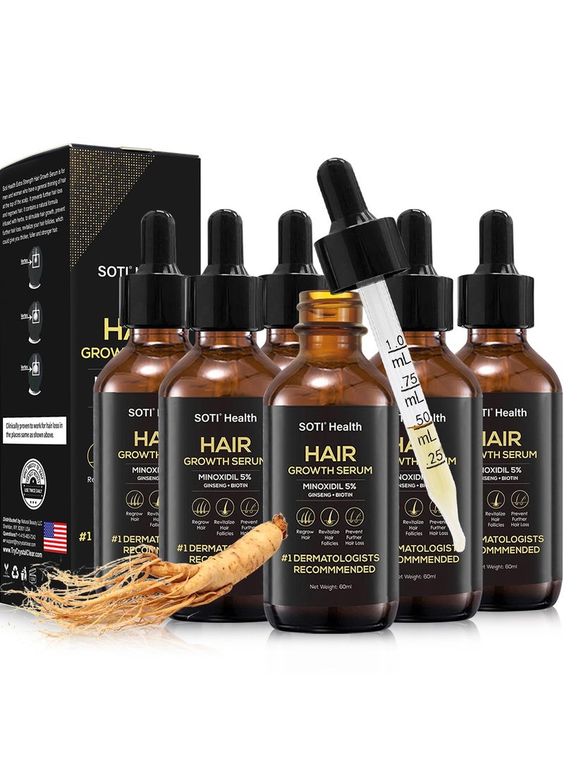 سوتي مصل Soti مينوكسيديل 5% لنمو الشعر، مصل إعادة نمو الشعر لحالات تساقط الشعر 60 مل. صنع في الولايات المتحدة الأمريكية! ينصح به أطباء الأمراض الجلدية. تركيبة الجنسنغ والبيوتين فائقة القوة (6 عبوات) - Image 1
