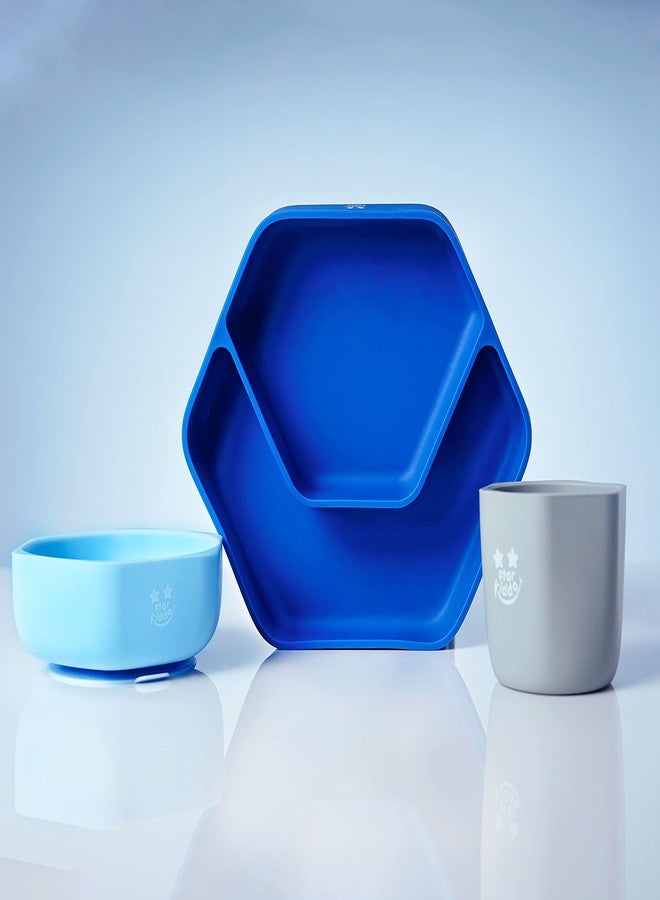 StarKiddo® Complete Silicone Baby Feeding Set | Silicone Suction Plate and Bowl Set for Kids & Toddlers | Microwave & Dishwasher Safe| Food Grade| BPA Free | Baby Meal Set (3pcs) (Cyan) - Image 4