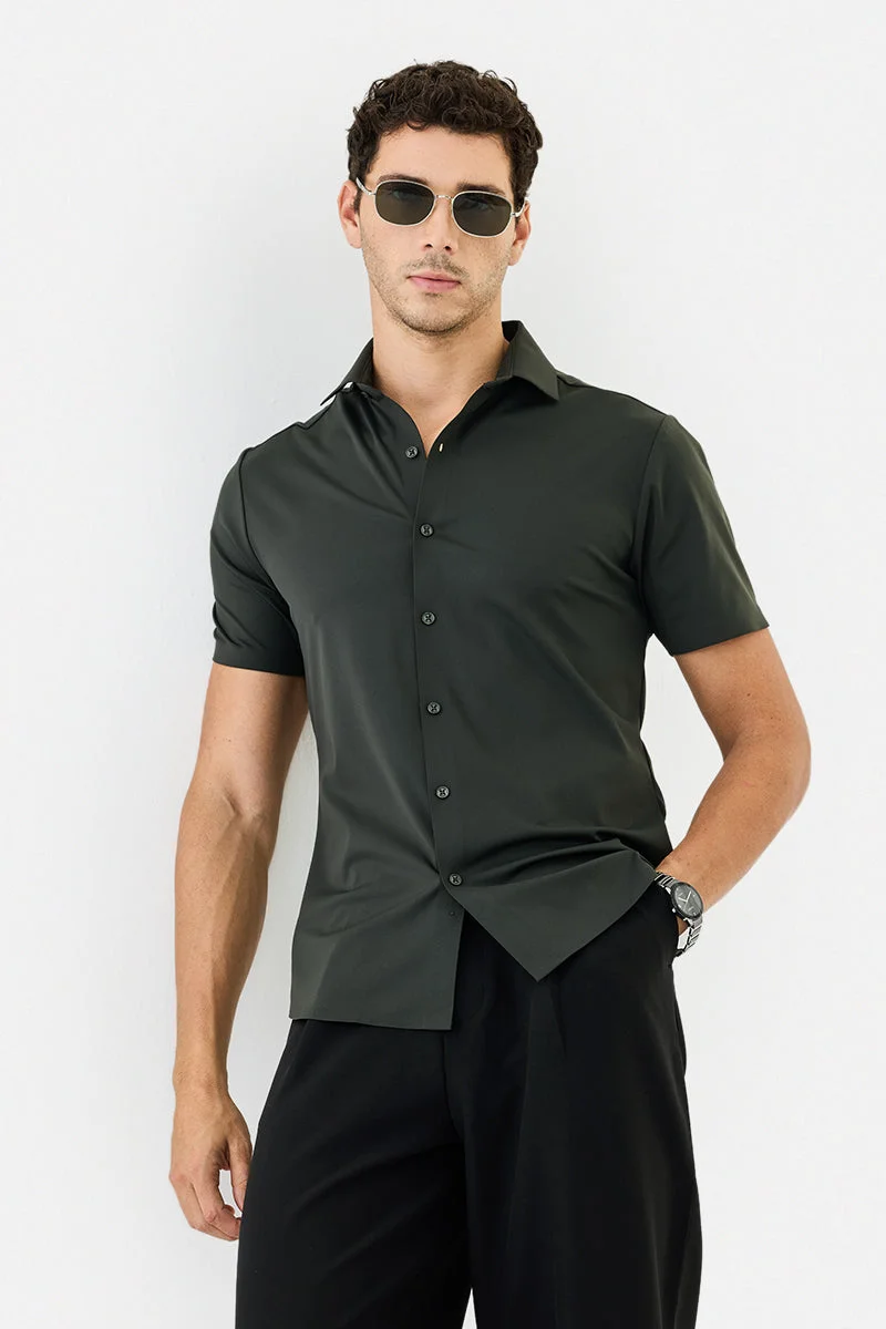 SNITCH Olive Solid Half Sleeve Slim Fit Shirt
