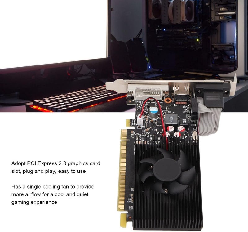 بطاقة الرسومات Yunseity GT730، سعة 4 جيجابايت، 128 بت، واجهات DVI وVGA، تقنية DRR3، منفذ PCI Express 2.0، مخصصة للألعاب على الكمبيوتر، تتميز بتصميم موفر للمساحة ونظام تبريد متقدم. - Image 3