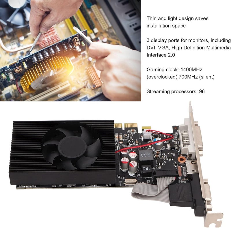 بطاقة الرسومات Yunseity GT730، سعة 4 جيجابايت، 128 بت، واجهات DVI وVGA، تقنية DRR3، منفذ PCI Express 2.0، مخصصة للألعاب على الكمبيوتر، تتميز بتصميم موفر للمساحة ونظام تبريد متقدم. - Image 2