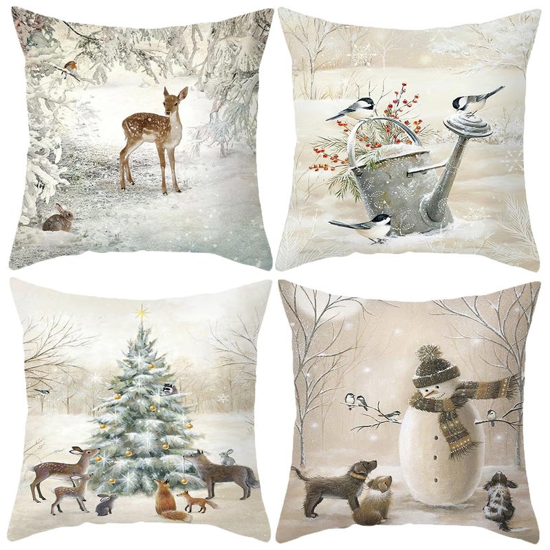 Animals Throw Pillow Cover Christmas - 18 x 18 Inch Pet Snowman Vase Deer Dog Rabbit Bird Xmas Tree Pillow Case - Set of 4 Square Winter Snowfield Pillowslip  Great for Sofa  Patio  bedroom Decor