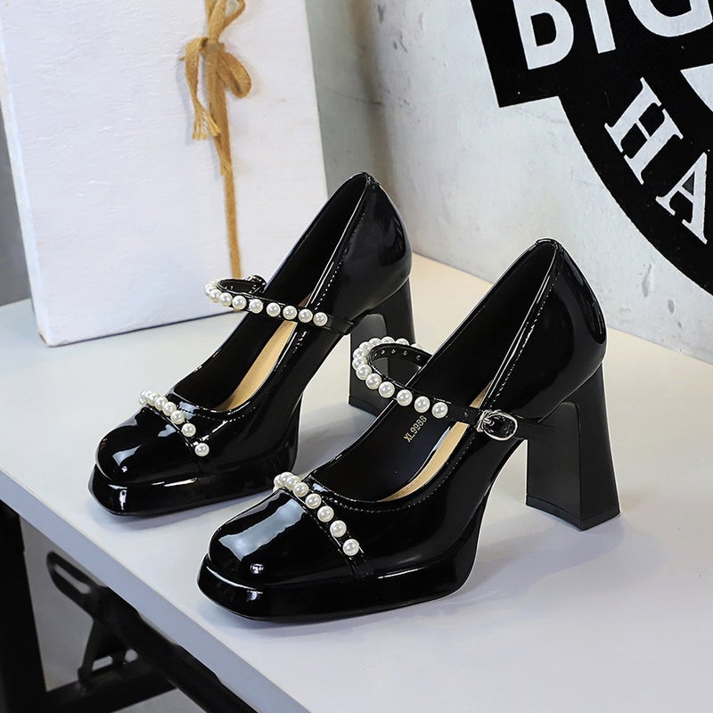 9988-H112 Retro Style Leopard Print Color-Blocked Square Toe Chunky Heel High Heels Women'S Waterproof Platform Pearl Mary Jane Shoes - Image 4