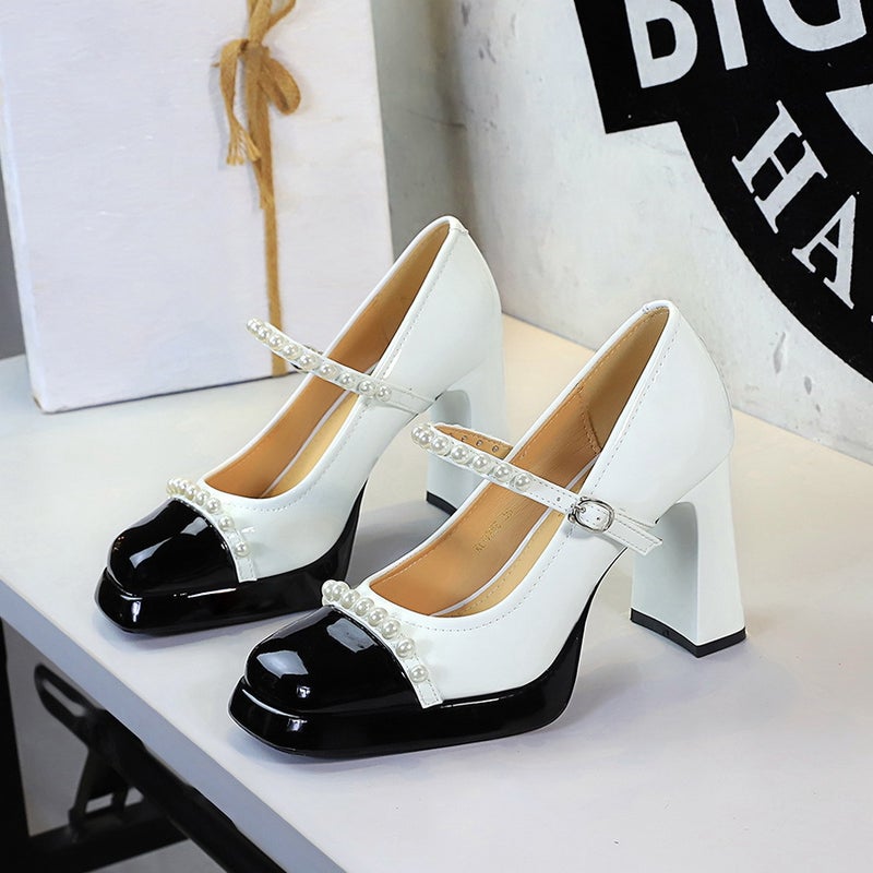 9988-H112 Retro Style Leopard Print Color-Blocked Square Toe Chunky Heel High Heels Women'S Waterproof Platform Pearl Mary Jane Shoes - Image 3