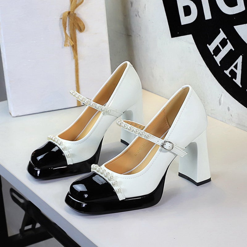 9988-H112 Retro Style Leopard Print Color-Blocked Square Toe Chunky Heel High Heels Women'S Waterproof Platform Pearl Mary Jane Shoes - Image 1