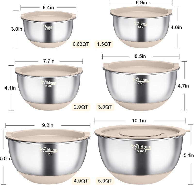 Wildone Mixing Bowls with Airtight Lids, 22 PCS Stainless Steel Nesting Bowls, with 3 Grater Attachments, Scale Marks & Non-Slip Bottom, Size 5, 4, 3, 2,1.5, 0.63QT, Ideal for Mixing & Prepping - Image 2